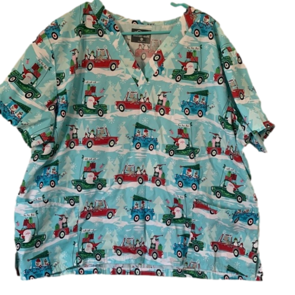 Uniform Advantage Christmas Holiday Santa Scrub Medical Butter Soft Top